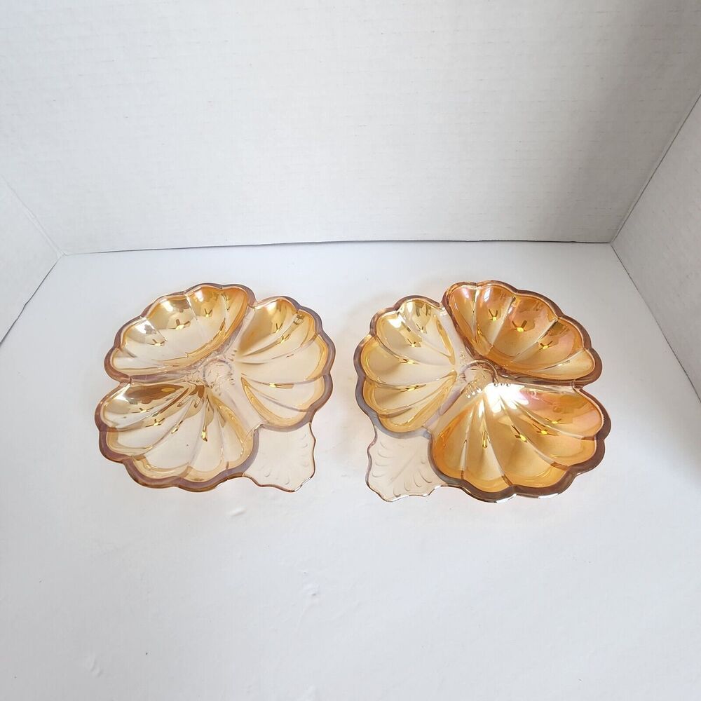 2 Jeanette Marigold Carnival Glass Dish Peach Luster Leaf Candy Nut Divided Bowl